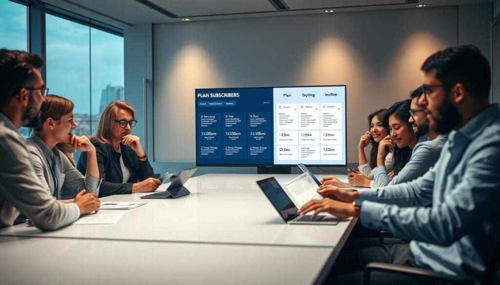 A group of diverse individuals engaged in thoughtful discussion, seated around a sleek, modern conference table. Subtle lighting casts a warm glow, creating a professional yet inviting atmosphere. The foreground features the plan subscribers, their expressions ranging from contemplative to enthusiastic, as they review digital devices and marketing materials. In the middle ground, a large screen displays various plan options, highlighting the key features and benefits. The background showcases a minimalist, yet sophisticated office setting, with floor-to-ceiling windows offering a scenic cityscape view.
