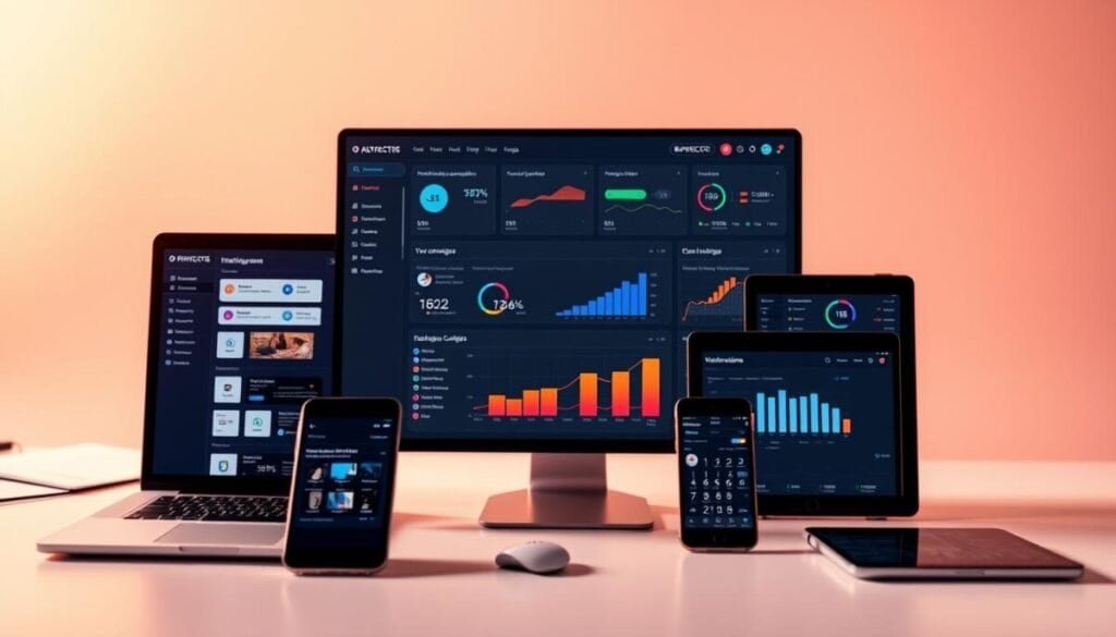 A vibrant and dynamic depiction of key marketing automation features, captured in a clean, well-lit studio setting. In the foreground, various digital devices and tools, such as a laptop, smartphone, and tablet, showcasing integrated marketing automation functionalities like email campaigns, lead generation, and analytics. The middle ground features a sleek, minimalist dashboard interface, with intuitive data visualizations and user-friendly controls. The background is a soft, gradient-filled studio backdrop, evoking a professional, high-tech atmosphere. Warm, directional lighting accentuates the modern, streamlined aesthetic, creating a visually appealing and informative illustration of the powerful marketing automation capabilities.