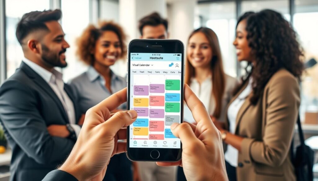 A Hootsuite visual calendar displayed prominently on a mobile app screen, showcasing a vibrant and organized layout filled with color-coded social media posts. In the foreground, the mobile device is held by a diverse group of three professionals in smart casual attire, engaged in a collaborative discussion, their expressions focused and friendly. The background features a softly blurred modern office environment with bright, natural lighting filtering through large windows, creating a warm and productive atmosphere. The focus is on the calendar interface, highlighting features such as scheduled tweets and relevant icons, while maintaining a clean and intuitive design. Capture an overall mood of teamwork and digital efficiency, emphasizing collaboration and strategic planning in social media management.