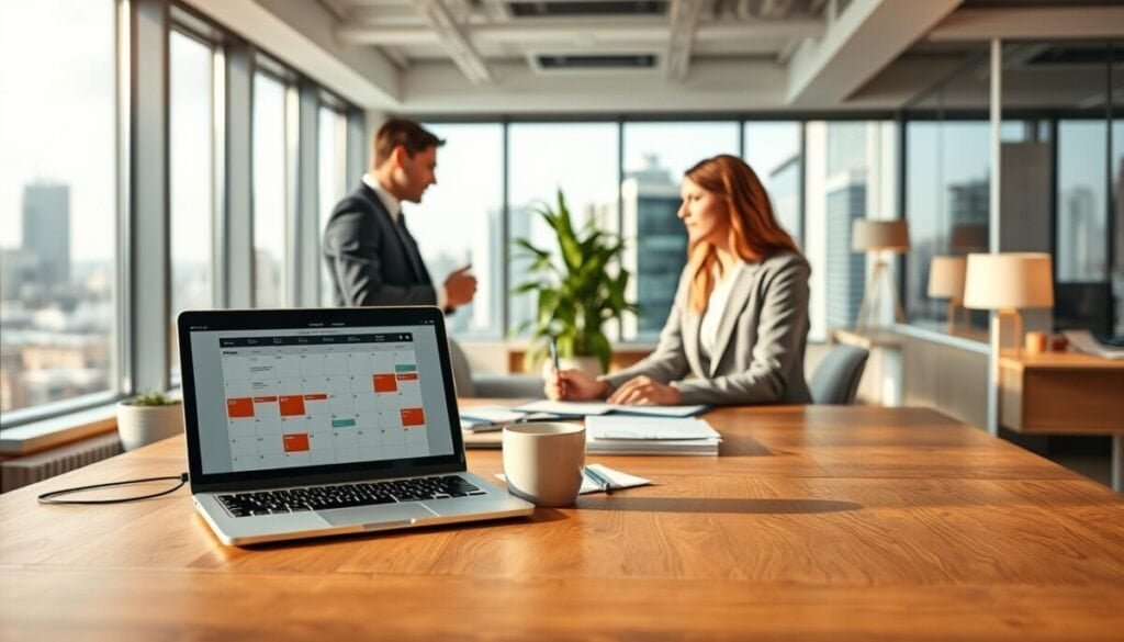 A bright, modern office setting designed to reflect the concept of "work hours". In the foreground, a large wooden desk cluttered with a laptop displaying a calendar application, notes, and a coffee mug emits a sense of productivity. In the middle ground, a professional dressed in smart business attire sits at the desk, engaged in a focused discussion with another colleague standing nearby, both looking at the laptop screen. In the background, large windows let in natural light, revealing a cityscape outside, adding to the motivational atmosphere. Soft, ambient lighting throughout the office creates a warm and inviting mood, while a potted plant adds a touch of greenery. The angle taken for the shot emphasizes the collaborative nature of the workspace, highlighting the importance of efficiently managing work hours.
