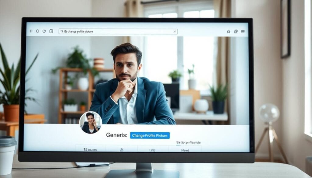 A clean and modern web browser interface is displayed on a computer screen, showing a generic social media profile page with a prominent "Change Profile Picture" button highlighted. In the foreground, a focused view of a professional individual sitting at a desk, wearing smart casual clothing, thoughtfully contemplating their next profile picture choice. The background features a cozy home office with soft natural lighting streaming in through a window, illuminating the workspace. The image captures a sense of ease and approachability, with potted plants and personal items subtly decorating the desk. The overall atmosphere is calm and conducive to concentration, creating a relatable scene for users navigating profile updates online.