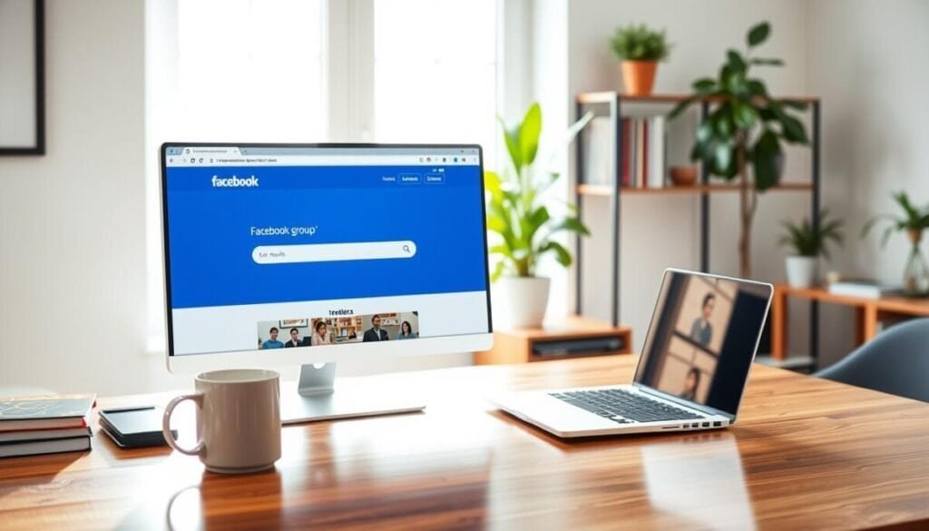 A clean and well-organized desktop scene showcasing a browser window with a Facebook group search interface. In the foreground, a computer screen displaying a vibrant, user-friendly Facebook group search page, featuring a search bar without results. The middle ground includes a sleek laptop on a polished wooden desk, with a cozy coffee mug beside it, emphasizing a comfortable work atmosphere. The background features soft, natural lighting streaming from a nearby window, creating a calm and inviting ambiance. The room is minimalistic, decorated with potted plants and books, reflecting a professional workspace. The overall mood is one of focus and problem-solving, inviting the viewer to explore solutions.