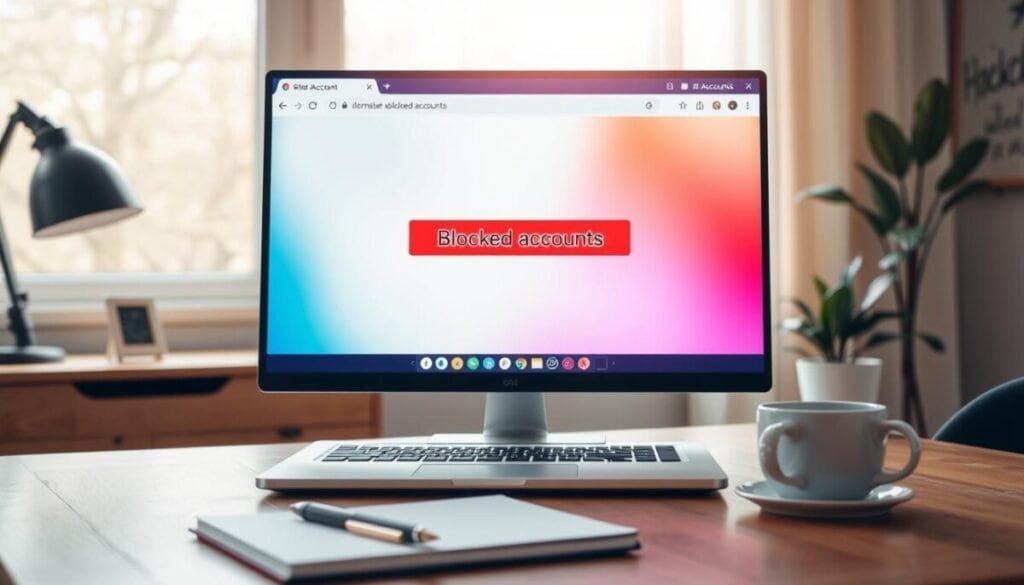A clean, modern web browser interface displayed on a desktop computer screen, prominently showcasing a "blocked accounts" notification. In the foreground, the screen reflects vibrant colors, with the blocked accounts feature highlighted in red, symbolizing restriction. The middle ground features a sleek laptop, surrounded by a stylish workspace that includes a notepad and a cup of coffee, all set on a wooden desk. In the background, soft natural light filters through a window, creating a warm and inviting atmosphere. The overall mood is one of frustration mixed with hope, suggesting the process of unblocking accounts. The scene is captured from a slight angle to emphasize the importance of the screen while maintaining a professional look.