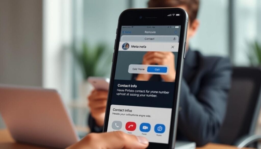 A clear and professional depiction of a contact information interface on a digital device, specifically a smartphone, set against a softly blurred office background. In the foreground, the smartphone screen displays a user-friendly contact info removal tool from Meta, with icons and buttons indicating options for managing phone numbers. The middle layer includes a subtle representation of a person in professional business attire, thoughtfully examining the phone, conveying a sense of focus and determination. Soft, diffused lighting enhances the scene, creating a calm and informative atmosphere, while a slight tilt of the smartphone adds depth to the composition. The background features muted colors of an office environment, emphasizing a clean and tech-savvy workspace.
