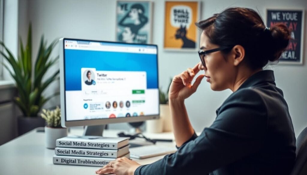 A close-up, focused view of a computer screen displaying a vibrant Twitter profile page with a "handle unavailable" error message prominently highlighted. In the foreground, a professional-looking person in business casual attire, wearing glasses, sits at a desk, scratching their head in confusion. The middle ground features a stack of books titled "Social Media Strategies" and "Digital Troubleshooting." The background includes a calming office environment with soft lighting, plants, and inspirational posters. The ambiance is slightly tense, reflecting the frustration of troubleshooting social media issues. Use a shallow depth of field to emphasize the individual and the error message on the screen, creating a sense of urgency and focus on resolving the issue.