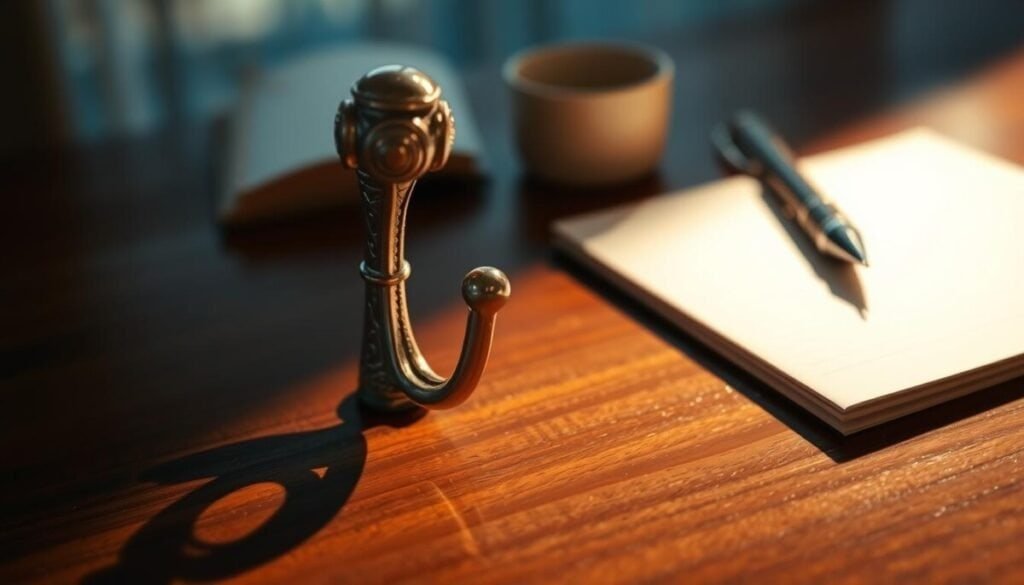 A close-up image of an everyday hook, prominently featured, casting a shadow on a wooden surface. The hook is shiny and metallic, with intricate detailing that reflects a soft, natural light from the left, mimicking the golden hue of a sunset. In the background, hint at a faded, blurred view of a cozy workspace with a soft-focus notebook and pen, suggesting preparation for creating engaging content. The mood is inviting and warm, evoking a sense of creativity and inspiration. The composition should create a focal point on the hook while maintaining a subtle, professional atmosphere, encouraging viewers to stop and reflect on its significance in storytelling.
