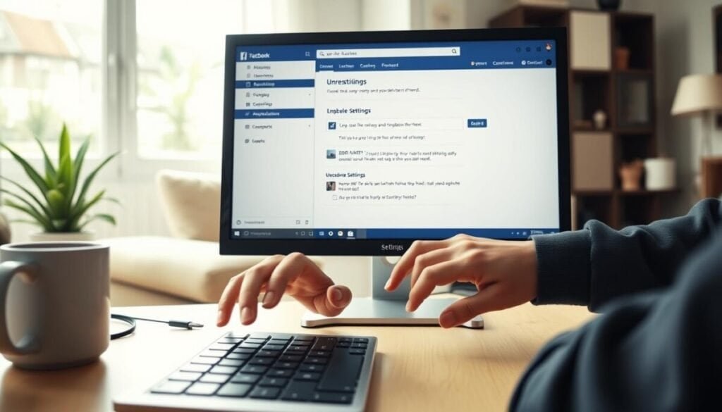 A close-up of a computer screen displaying the Facebook settings menu for unrestricting a friend, capturing a dynamic and user-friendly interface. In the foreground, a pair of hands, dressed in smart casual attire, is positioned above the keyboard, preparing to interact with the screen. The middle layer features an inviting, clean workspace with soft natural lighting streaming in from a window, casting gentle shadows on the desk. In the background, subtle hints of a cozy living space, including a potted plant and a coffee mug, enhance the sense of a comfortable home environment. The mood is focused and optimistic, reflecting the sense of empowerment that comes with mastering social media settings and reconnecting with friends.