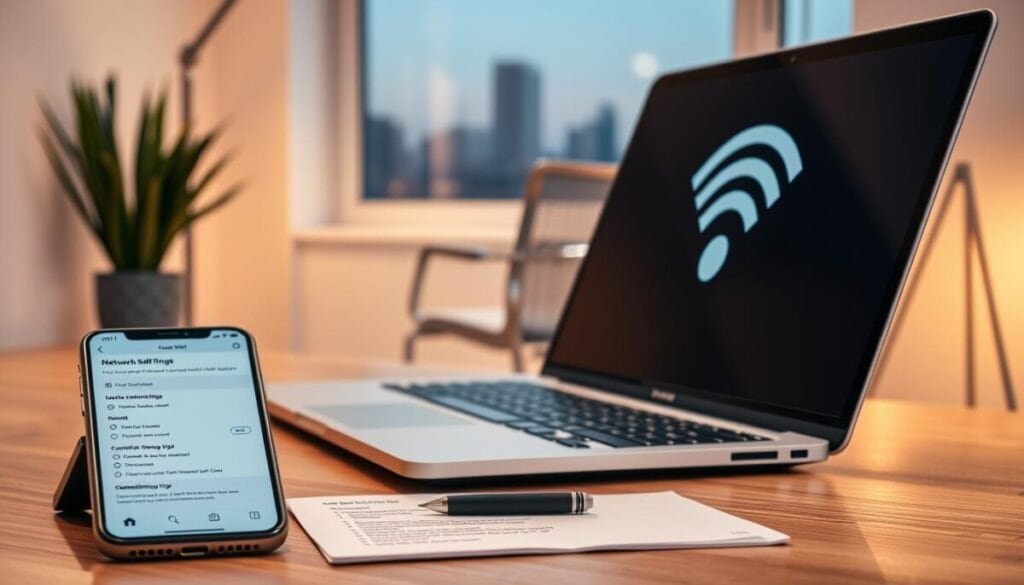 A close-up of a modern laptop open on a sleek wooden desk, showcasing a vibrant Wi-Fi signal icon on the screen. The foreground features a smartphone displaying a network settings menu and a notepad with troubleshooting tips. In the middle, a stylish, well-lit workspace with a comfortable office chair and a decorative plant adds a touch of warmth. In the background, a window with soft natural light spilling in enhances the mood, while a faint silhouette of a cityscape is visible outside. The overall atmosphere is focused and professional, conveying a sense of urgency and connectivity, with a slight warm glow from a desk lamp. The image should be bright, well-composed, and inviting, encapsulating the importance of a reliable internet connection without any distractions.