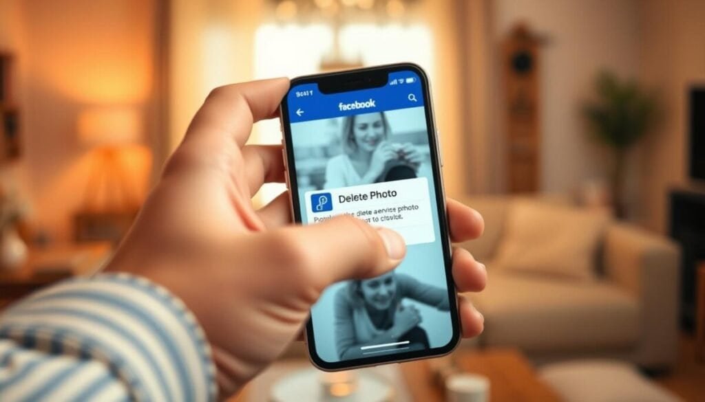 A close-up of a person’s hand hovering over a smartphone screen displaying the Facebook interface, specifically the photo deletion option. The hand is casually dressed, emphasizing an everyday user experience. In the middle ground, the smartphone screen shows a clear notification about the “Delete Photo” function, with a slightly blurred view of the Facebook app background. The background is a softly-lit living room setting featuring a cozy atmosphere, with warm lighting creating a relaxed feeling. The focus should be on the hand and the screen, captured at a 45-degree angle that highlights the interaction. The overall mood is one of frustration and determination, reflecting the struggle to delete a photo.