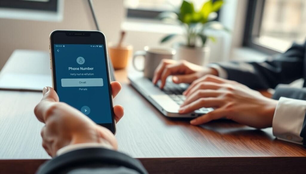 A close-up of a smartphone displaying a phone number verification screen, set on a sleek wooden desk. The phone has a clean, modern design, with a notification icon indicating verification. In the foreground, a pair of hands, dressed in stylish business attire—one holding the phone and the other typing on a laptop, suggestive of working on an urgent issue. The background features soft-focus elements, such as a plant and a coffee cup, adding to the office ambiance. Natural light filters through a nearby window, creating a warm and focused atmosphere. The overall mood is professional and slightly tense, as the scene reflects a common challenge in user verification.