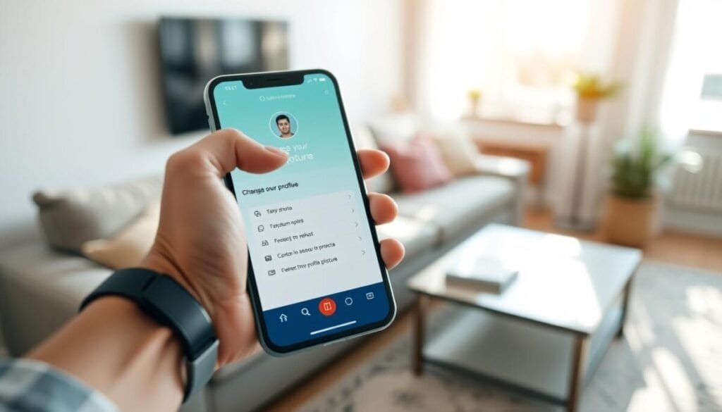 A close-up of a smartphone held in a person's hand, showcasing the mobile app interface for changing a profile picture. The foreground highlights the phone's vibrant screen, displaying a clear user-friendly design with options to upload a photo. The hand, wearing a smartwatch, is positioned to suggest action, indicating the process of selecting an image. The middle ground features a softly blurred living room setting, conveying a casual yet modern atmosphere. Bright, natural lighting streams in from a nearby window, casting gentle shadows and enhancing the colors on the screen. The mood is lively and engaging, inviting users to explore the app easily in a contemporary environment.