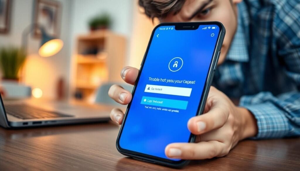 A close-up perspective of a modern browser app displayed on a smartphone, with a user interface showcasing a login page emphasizing error messages. The foreground features a sleek device with a vivid, high-resolution screen, while the middle ground includes a partially blurred, uncluttered desk with a laptop and a notepad, suggesting a troubleshooting context. In the background, soft focus hints of a cozy home environment with warm, ambient light filtering in. The scene conveys a sense of focused frustration as an individual leans over the phone, dressed in professional casual attire, examining the screen for solutions. The image is illuminated with gentle, diffused lighting to enhance clarity and mood, capturing the essence of tech troubleshooting.