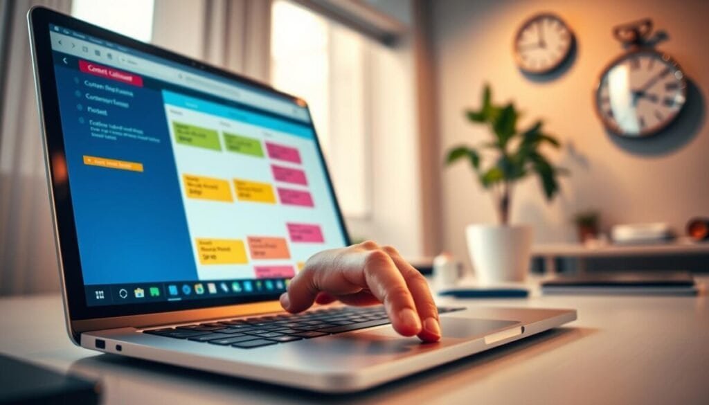 A close-up scene of a computer screen displaying a well-organized content calendar for social media posts. The foreground features a bright, modern workspace with a stylish desk and a laptop showing a digital interface with scheduled post slots highlighted in vibrant colors. In the middle, a hand reaches toward the laptop's touchpad, emphasizing engagement and action. The background includes soft-focus elements like a potted plant and a wall clock, suggesting a professional yet relaxed atmosphere. The lighting is warm and inviting, casting gentle shadows that create a sense of depth. The overall mood is one of focused productivity and problem-solving, reflecting the troubleshooting aspect of scheduling posts efficiently.