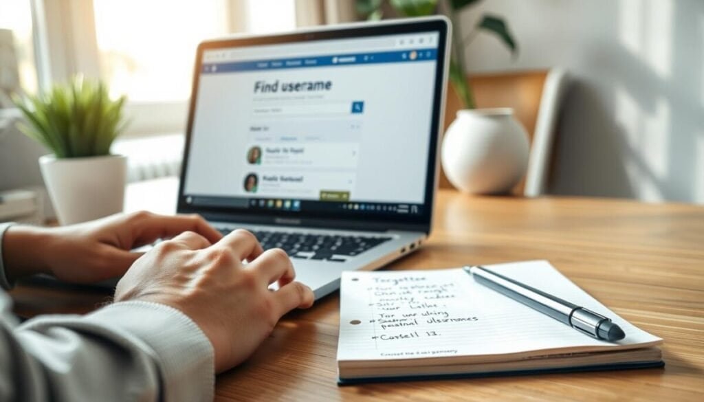 A close-up scene of a professional workspace, featuring a sleek laptop open to the "find username" page of a popular social media platform. In the foreground, a pair of hands, dressed in smart casual attire, are thoughtfully typing on the keyboard. The middle ground includes a notepad with a pen, where notes about username recovery are visible, subtly hinting at the process of remembering login details. In the background, gentle natural light from a nearby window creates a bright and inviting atmosphere, casting soft shadows for depth. The overall mood is focused and serene, emphasizing the importance of recovering forgotten usernames with a clear, organized approach. The composition should evoke a sense of determination and clarity, perfect for guiding readers through the recovery process.