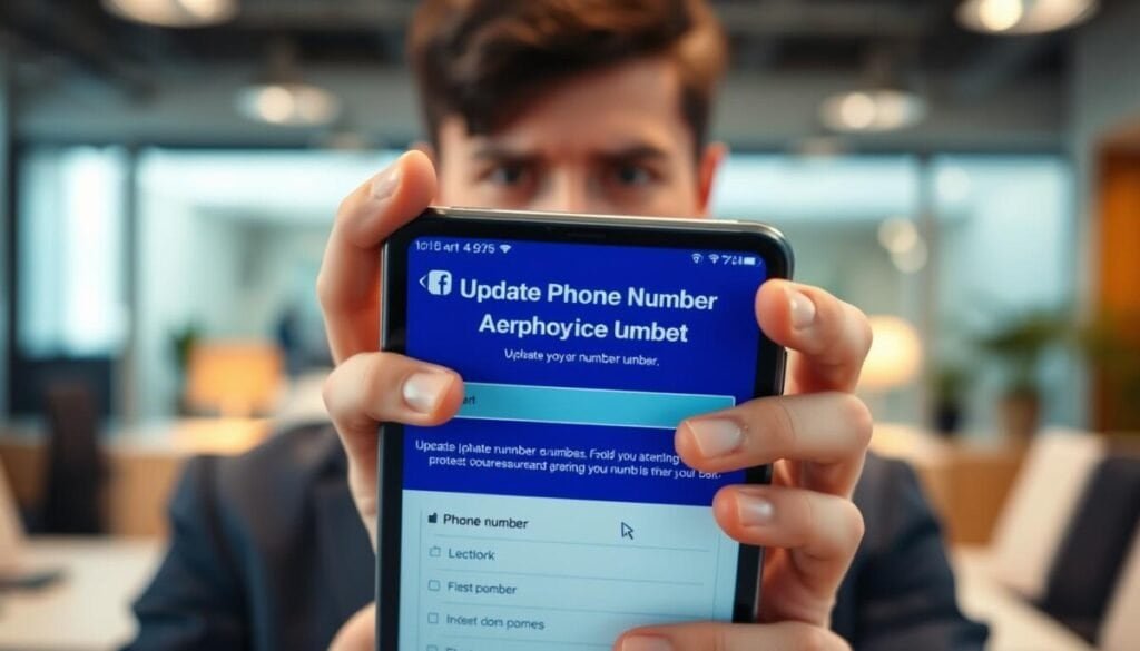 A close-up scene of a smartphone displaying a Facebook interface, emphasizing the “Update Phone Number” section; vibrant colors with a focus on blue and white typical of Facebook's branding. In the foreground, a professional individual dressed in smart casual attire with an expression of mild frustration, hands slightly raised as if questioning the phone. The middle focuses on the device's screen, showcasing the form to update the phone number, with a cursor hovering over the input fields. In the background, a blurred office setting with soft, warm lighting highlights a sense of personal space. The atmosphere should evoke a mix of urgency and determination, capturing the essence of a troubleshooting moment.