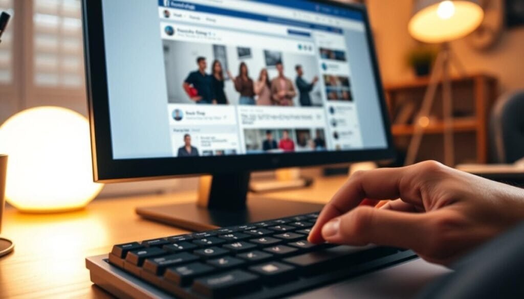 A close-up shot of a computer screen displaying a Facebook group page with a visible search bar and group members engaging in a discussion. In the foreground, a pair of hands are typing on a keyboard, suggesting action and problem-solving. The middle ground features the Facebook interface with vibrant, user-friendly colors, showing posts and comments. The background is softly blurred, highlighting a cozy home office environment with warm lighting that creates an inviting atmosphere. The overall mood is focused and constructive, conveying a sense of urgency and determination to overcome the search issue. The lens captures the scene from a slight angle, enhancing the dynamic feel of the user's interaction with technology.