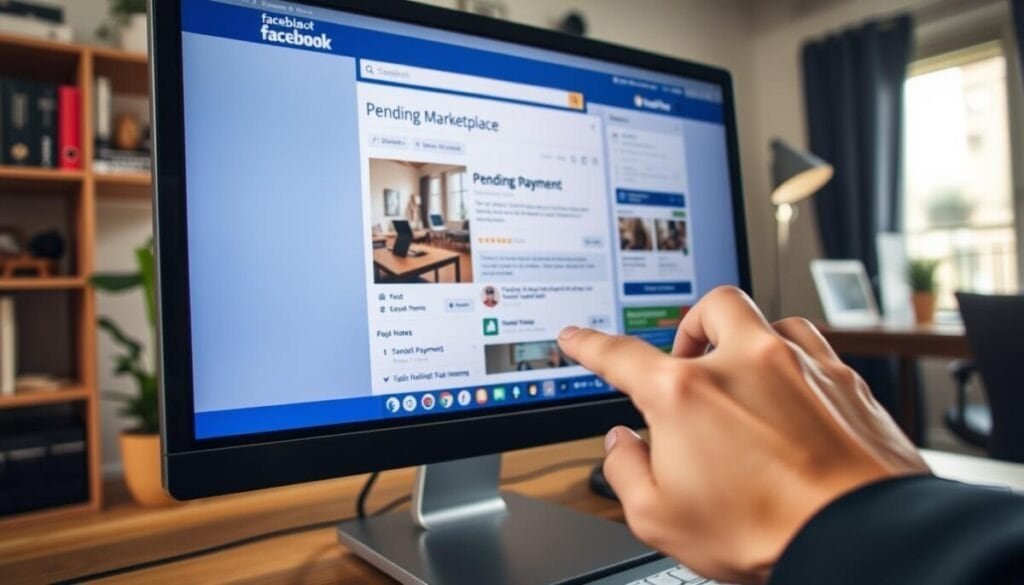A close-up view of a computer screen displaying a Facebook Marketplace interface, highlighting the "Pending Payment" status on a product listing. The foreground features a hand in professional attire clicking the mouse, suggesting an action taken on the listing. In the middle, the details of the product are visible, such as high-quality images and pricing information, emphasizing the transaction process. The background shows a cozy home office setting with soft natural light coming from a nearby window, creating a warm and inviting atmosphere. The scene is captured with a shallow depth of field, focusing on the screen while gently blurring the surroundings, conveying a sense of concentration on the task at hand.