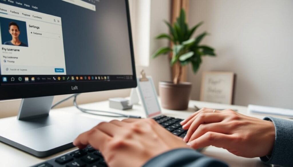 A close-up view of a computer screen displaying a Facebook page interface on a desktop, featuring the "username" section being highlighted. The foreground reveals a pair of hands, dressed in professional attire, actively typing on the keyboard, showing an attentive user navigating the settings. In the middle background, elements like a clear, well-organized desktop environment with a plant and a notepad for notes can be seen, adding to the atmosphere of a productive workspace. Soft, natural lighting from a nearby window illuminates the scene, creating a warm and inviting ambiance. The angle captures a slight tilt, offering a dynamic perspective while focusing on the screen's functionalities, evoking a sense of troubleshooting and determination. A close-up view of a computer screen displaying a Facebook page interface on a desktop, featuring the "username" section being highlighted. The foreground reveals a pair of hands, dressed in professional attire, actively typing on the keyboard, showing an attentive user navigating the settings. In the middle background, elements like a clear, well-organized desktop environment with a plant and a notepad for notes can be seen, adding to the atmosphere of a productive workspace. Soft, natural lighting from a nearby window illuminates the scene, creating a warm and inviting ambiance. The angle captures a slight tilt, offering a dynamic perspective while focusing on the screen's functionalities, evoking a sense of troubleshooting and determination.