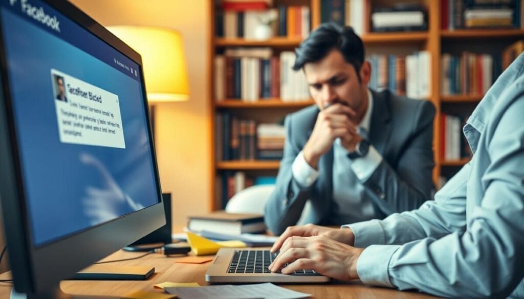 A close-up view of a computer screen displaying a blurred interface of Facebook with a prominent notification indicating a post has been blocked. In the foreground, a frustrated person in professional business attire, with a thoughtful expression, is seen using a laptop, their hands hovering over the keyboard. The middle ground features sticky notes and reference materials scattered around, alluding to the confusion surrounding content rules. Soft, warm lighting illuminates the scene, creating a cozy but tense atmosphere. The background features a blurred bookshelf filled with books about social media and digital communication, hinting at the complexity of online interactions. This composition conveys frustration and determination in navigating social media challenges.
