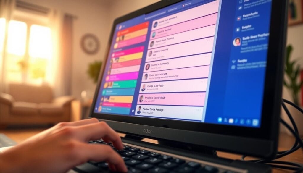 A close-up view of a computer screen displaying an array of colorful Facebook comments. The foreground features a keyboard and a hand poised over the keys, highlighting user engagement. In the middle, vibrant comment threads appear with various profile pictures, showing diverse user interactions, each comment box outlined clearly but without any actual text. The background includes a softly blurred living room setting with warm lighting, suggesting a cozy, home environment. The scene is illuminated with natural light streaming through a window, creating a friendly and inviting atmosphere, ideal for troubleshooting and problem-solving. The image conveys a sense of urgency yet approachability as if encouraging users to resolve their issues efficiently.