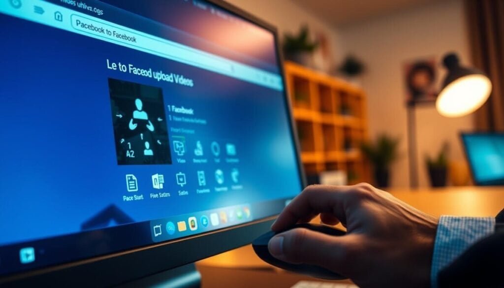 A close-up view of a computer screen displaying the Facebook upload interface for videos, featuring a progress bar and a playful image of a video file being dragged into the upload area. In the foreground, a pair of hands in professional business attire are shown interacting with the mouse. In the middle ground, soft-focus icons of browser tools and settings appear, suggesting troubleshooting. In the background, a cozy, modern home office setting is visible, with warm ambient lighting enhancing a productive atmosphere. The image conveys a sense of urgency and problem-solving, with cool tones blending into warm brightness, emphasizing focus on overcoming uploading challenges.