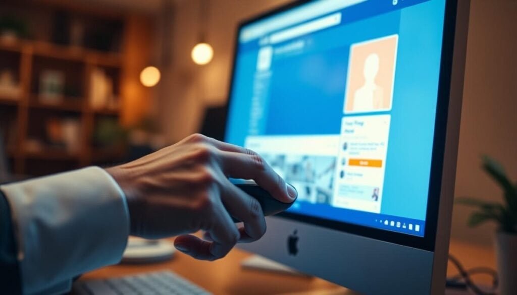 A close-up view of a glowing computer screen displaying a Facebook page interface, prominently featuring a prominent "Leave Page" button. In the foreground, a pair of hands, dressed in professional business attire, hovering over the mouse, conveying a moment of decision. The middle ground showcases the screen with vivid details: the blue and white colors of Facebook's branding, subtle icons, and notification alerts, all brightly illuminated. The background is softly blurred, hinting at a cozy, modern office environment with warm lighting. The overall atmosphere is tense yet focused, highlighting the importance of taking action in the digital space. The image captures the essence of navigating social media challenges with a sense of urgency and professionalism.