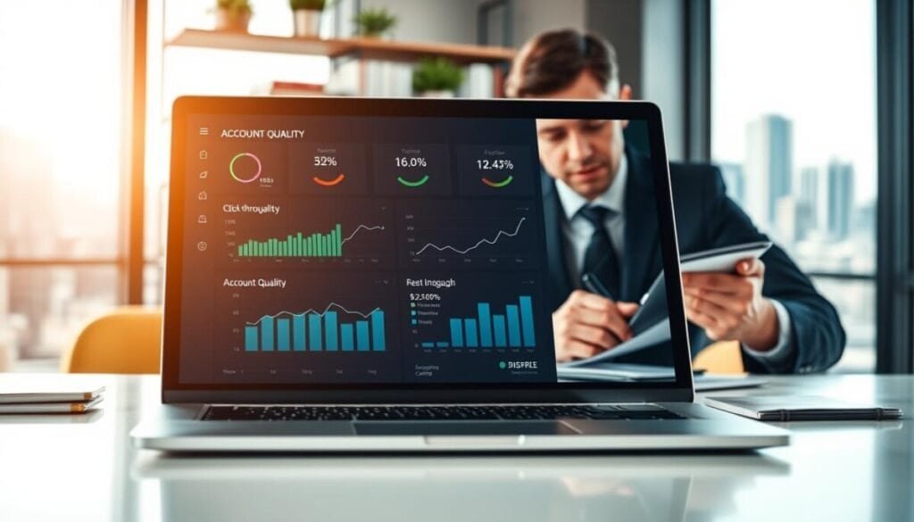 A close-up view of a laptop displaying a digital dashboard with various graphs and data analytics representing "account quality," including metrics like click-through rates and engagement percentages. In the foreground, a focused professional in business attire analyzes the data, taking notes on a notepad. The middle layer features a soft-focus view of a modern office workspace with shelves containing business books and plants, creating a conducive work atmosphere. In the background, a large window reveals a cityscape, suggesting a bustling business environment. The lighting is bright and inspiring, with natural light streaming in, evoking a sense of optimism and determination. A close-up view of a laptop displaying a digital dashboard with various graphs and data analytics representing "account quality," including metrics like click-through rates and engagement percentages. In the foreground, a focused professional in business attire analyzes the data, taking notes on a notepad. The middle layer features a soft-focus view of a modern office workspace with shelves containing business books and plants, creating a conducive work atmosphere. In the background, a large window reveals a cityscape, suggesting a bustling business environment. The lighting is bright and inspiring, with natural light streaming in, evoking a sense of optimism and determination.