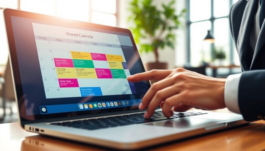 A close-up view of a modern, sleek digital calendar interface displayed on a laptop screen, showcasing a vibrant monthly layout filled with colorful events and appointments. In the foreground, a professional person in business attire is seen interacting with the calendar, pointing at a scheduled event. The background features an office environment with soft natural lighting streaming through a large window, creating a warm and inviting atmosphere. Subtle reflections of nearby office furniture can be seen on the laptop screen. The composition emphasizes clarity and organization, symbolizing the importance of managing shared calendars effectively in a workplace setting. The mood is productive and efficient, capturing a typical day in a bustling office.