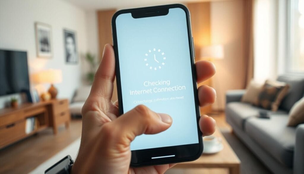 A close-up view of a modern smartphone displaying a "Checking Internet Connection" screen, with a spinning wheel icon symbolizing loading. In the foreground, the device is held in a pair of hands with well-groomed fingers, wearing a stylish watch, suggesting a professional context. In the middle, a blurred-out living room setting provides a cozy ambiance, with soft, natural light filtering in through a window, creating a warm atmosphere. In the background, a small, clutter-free desk with a laptop and a coffee cup adds to the techy yet relaxing vibe. The overall mood is focused, highlighting the importance of connectivity in today's digital age, with an emphasis on troubleshooting issues. A close-up view of a modern smartphone displaying a "Checking Internet Connection" screen, with a spinning wheel icon symbolizing loading. In the foreground, the device is held in a pair of hands with well-groomed fingers, wearing a stylish watch, suggesting a professional context. In the middle, a blurred-out living room setting provides a cozy ambiance, with soft, natural light filtering in through a window, creating a warm atmosphere. In the background, a small, clutter-free desk with a laptop and a coffee cup adds to the techy yet relaxing vibe. The overall mood is focused, highlighting the importance of connectivity in today's digital age, with an emphasis on troubleshooting issues.