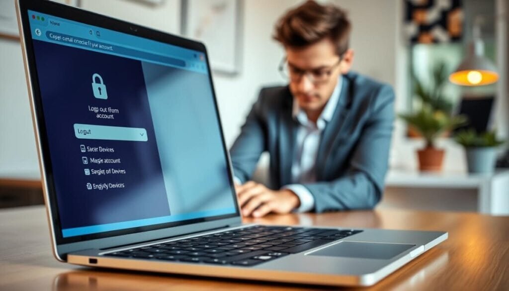 A close-up view of a modern web browser interface showcasing a user logging out from their account on a sleek laptop. In the foreground, the laptop screen displays a user-friendly logout menu with icons symbolizing various devices connected to the account. The middle section features a person in smart casual attire, concentrated and engaged while using the laptop, with fingers poised above the keyboard. In the background, a softly lit, stylish office environment adds to the professional atmosphere, with a potted plant and a clean workspace visible. The scene is illuminated with warm, natural lighting that creates an inviting mood, focusing on the idea of taking control of personal online security. The composition emphasizes clarity and professionalism without any text or distractions.