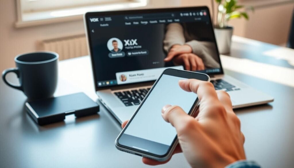 A close-up view of a smartphone and a laptop on a stylish, minimalist workspace. In the foreground, a hand is using the smartphone to navigate the X platform, showcasing a blurred profile picture on the screen. The middle layer presents a sleek laptop with the X homepage visible, displaying an option to remove the profile picture. In the background, soft natural light filters through a nearby window, creating a warm and inviting atmosphere. The scene is captured from a slightly elevated angle to emphasize the devices and the action taking place. Overall, the mood is focused and instructional, ideal for a guide on digital navigation.