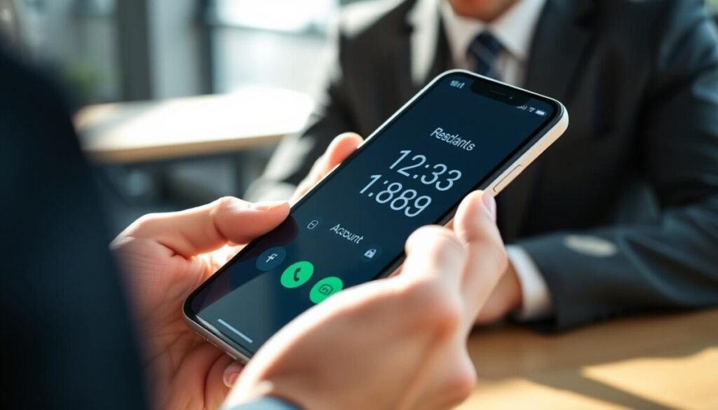 A close-up view of a smartphone displaying a phone number on its screen, set against a softly blurred background of a modern office environment. The phone is held by a professional-looking person in smart business attire, focusing intently on the screen, with fingers poised above the keyboard, ready to enter the number. The scene is illuminated by natural daylight streaming in through a nearby window, casting gentle shadows that enhance the sense of depth. The composition should evoke a feeling of seriousness and concentration, underscoring the importance of securing accounts. The image captures a moment of technology and personal security, emphasizing clarity and professionalism.