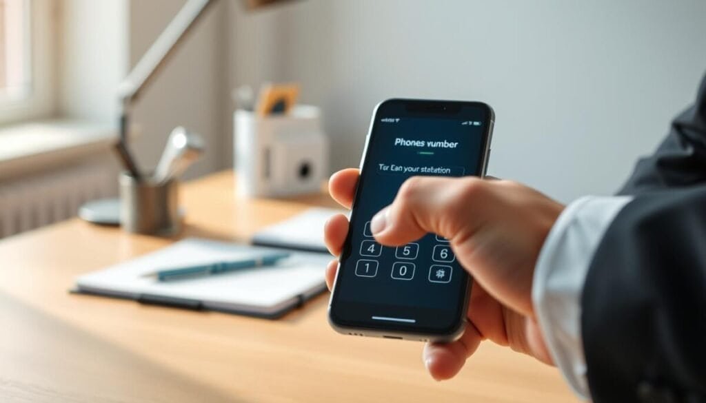A close-up view of a smartphone displaying a phone number verification screen, with a glowing keypad and a progress bar indicating verification status. In the foreground, a user’s hand in a professional business suit reaches towards the screen, poised to enter a code. The middle ground features a softly blurred desk with various office supplies, including a notebook and a pen. The background is subtly illuminated by natural light coming through a window, casting gentle shadows that create depth. The atmosphere is calm and focused, conveying a sense of urgency but also professionalism, ideal for troubleshooting digital issues. The composition utilizes a shallow depth of field, emphasizing the smartphone while keeping the surrounding elements slightly out of focus.