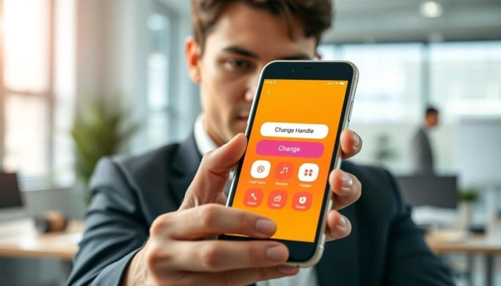 A close-up view of a smartphone displaying a user-friendly mobile app interface with vibrant colors, prominently featuring the "Change Handle" option. In the foreground, the phone is held by a professional-looking individual in smart casual attire, focused on the screen, showcasing their intent to make changes. The middle layer shows the app interface with intuitive icons and buttons, creating a sleek, modern aesthetic. In the background, a soft-focus office environment gives a sense of productivity, with natural daylight illuminating the scene, enhancing the app’s features. The mood is engaged and positive, emphasizing innovation and simplicity in technology use. The scene is captured at eye level to create a direct connection with the viewer.