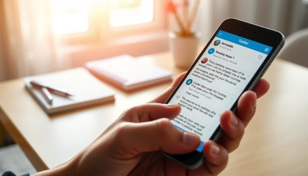 A close-up view of a smartphone displaying a vibrant Twitter interface, focused on a scrolling feed filled with engaging quotes. In the foreground, a hand is gently holding the phone, emphasizing a casual yet professional setting. The middle layer features a well-lit desk with a stylish notepad and pen, hinting at thoughtful engagement with social media. In the background, a softly blurred window allows warm, natural light to flood the scene, creating an inviting atmosphere. The mood is encouraging and analytical, inviting readers to explore ideas with curiosity. The colors are bright yet harmonious, conveying a modern digital space without any text or distractions. A close-up view of a smartphone displaying a vibrant Twitter interface, focused on a scrolling feed filled with engaging quotes. In the foreground, a hand is gently holding the phone, emphasizing a casual yet professional setting. The middle layer features a well-lit desk with a stylish notepad and pen, hinting at thoughtful engagement with social media. In the background, a softly blurred window allows warm, natural light to flood the scene, creating an inviting atmosphere. The mood is encouraging and analytical, inviting readers to explore ideas with curiosity. The colors are bright yet harmonious, conveying a modern digital space without any text or distractions.
