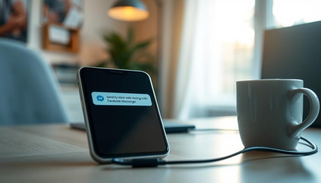 A close-up view of a smartphone displaying an error message while trying to send a video through Facebook Messenger. In the foreground, the smartphone, with a sleek design and glowing screen, is slightly tilted to show the error notification clearly. The background features a blurred modern home office, with soft natural light streaming in through a window, creating a warm and inviting atmosphere. On a nearby table, there's a visible charging cable and a cup of coffee, symbolizing a busy digital lifestyle. The scene embodies a sense of frustration mixed with urgency, reflecting the challenges users face when encountering technical issues.