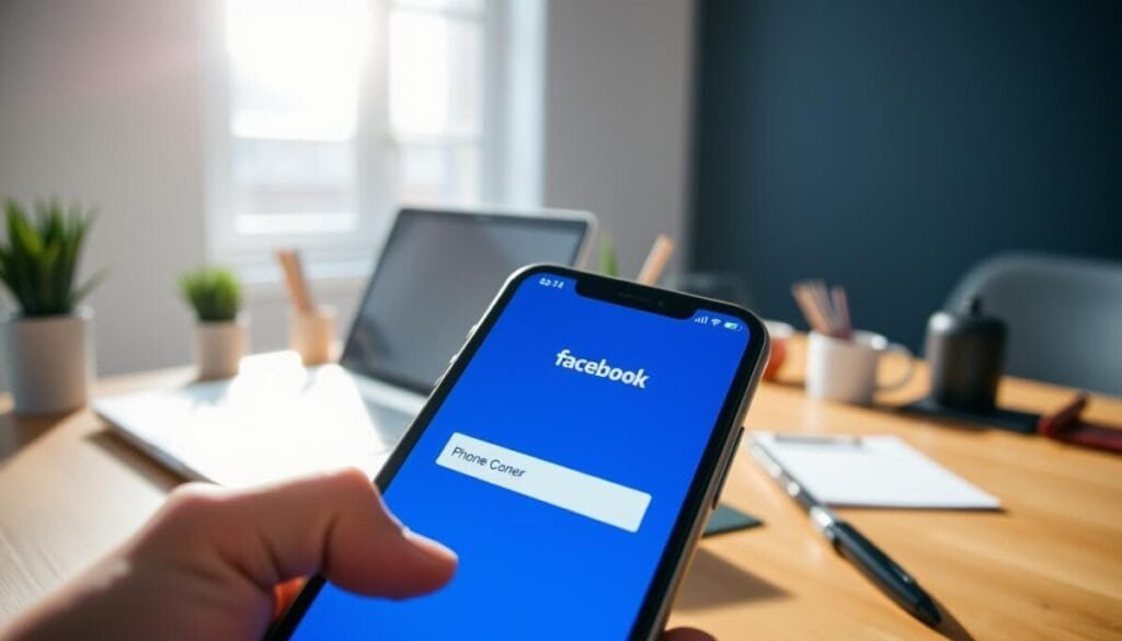 A close-up view of a smartphone displaying the Facebook login screen with focus on the fields for entering a phone number, set against a sleek, modern workspace background. The foreground features the phone in sharp detail, showing the vibrant colors of the Facebook interface, while the middle ground includes a blurred laptop and office supplies to suggest a professional setting. The background is softly lit with natural daylight streaming in through a window, creating a calm and inviting atmosphere. The lens captures this scene from a slightly elevated angle for a dynamic perspective, while the overall mood conveys a sense of troubleshooting and digital connectivity.