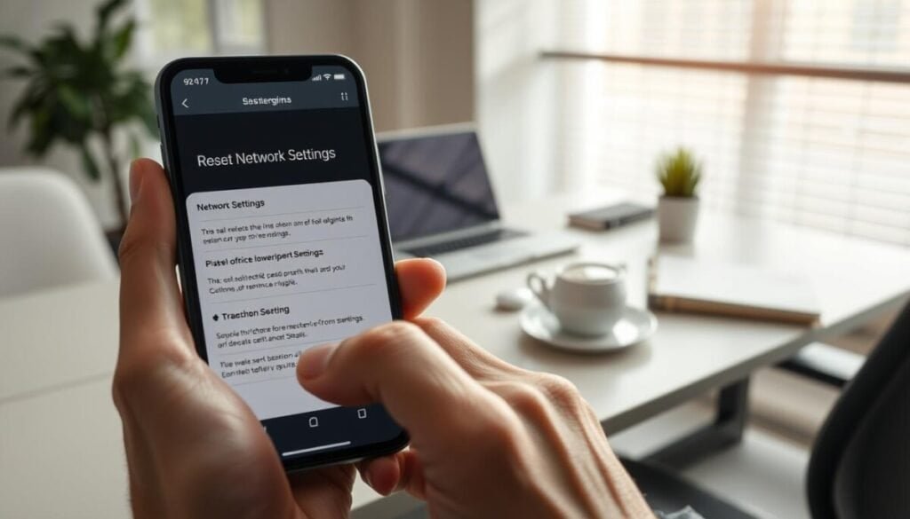 A close-up view of a smartphone displaying the "Reset Network Settings" menu on its screen, with clear options and icons visible. In the foreground, hands typing on the device, showcasing a hint of urgency and focus. The middle ground features a sleek office desk cluttered with a laptop, notebook, and a coffee cup, indicating a problem-solving environment. The background includes a modern, well-lit workspace with soft natural lighting streaming through window blinds, creating a calming effect. The mood is professional yet slightly tense, capturing the challenge of connectivity issues while emphasizing the importance of resolving device problems. No text, logos, or watermarks are included in the composition.