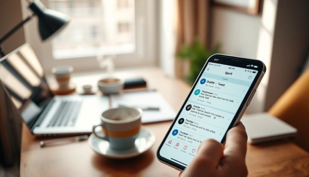 A close-up view of a smartphone displaying the X app interface with several draft tweets visible on the screen. The foreground features the phone slightly tilted, emphasizing the vibrant colors and clean layout of the app. The middle section includes a blurred background of a cozy office space with a stylish desk, laptop, and a steaming mug of coffee, creating a productive atmosphere. Soft, natural lighting from a nearby window casts gentle shadows, enhancing the focus on the smartphone's screen. Capture the image from a slightly elevated angle to accentuate the phone's details, evoking a sense of creativity and organization as a person (in professional attire) thoughtfully engages with their drafts nearby. The overall mood is calm and inspiring, perfect for a productive work environment. A close-up view of a smartphone displaying the X app interface with several draft tweets visible on the screen. The foreground features the phone slightly tilted, emphasizing the vibrant colors and clean layout of the app. The middle section includes a blurred background of a cozy office space with a stylish desk, laptop, and a steaming mug of coffee, creating a productive atmosphere. Soft, natural lighting from a nearby window casts gentle shadows, enhancing the focus on the smartphone's screen. Capture the image from a slightly elevated angle to accentuate the phone's details, evoking a sense of creativity and organization as a person (in professional attire) thoughtfully engages with their drafts nearby. The overall mood is calm and inspiring, perfect for a productive work environment.