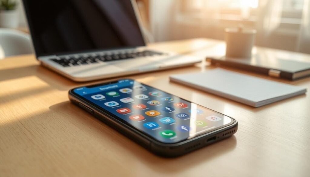 A close-up view of a smartphone displaying the iconic Shortcuts app interface, with a vibrant and clean design. The foreground showcases a well-organized screen filled with colorful shortcut icons representing various tasks, such as messaging and scheduling. In the middle, the phone rests on a sleek wooden desk alongside a stylish laptop and a notepad, all in a well-lit, modern workspace. The background features soft, natural light streaming through a window, creating a warm and inviting atmosphere. A faint reflection on the phone's screen enhances its sleekness. The mood conveys productivity and modern technology, highlighting the convenience of scheduling in a visually appealing way.