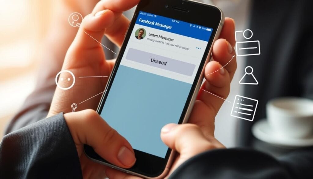 A close-up view of a smartphone screen displaying a Facebook Messenger interface, prominently featuring a grayed-out 'unsend' option, surrounded by visual elements representing confusion and frustration. In the foreground, a pair of hands, in professional business attire, is hovering near the smartphone, highlighting the tension of wanting to unsend a message but unable to. The middle section displays an abstract representation of reasons for missing the option, like icons of privacy settings and system errors, interconnected with delicate lines. The background is softly blurred to focus on the smartphone while incorporating a warm, natural lighting that suggests a casual workspace atmosphere, emphasizing feelings of exasperation mixed with curiosity. The composition should evoke a sense of dilemma over modern communication barriers.