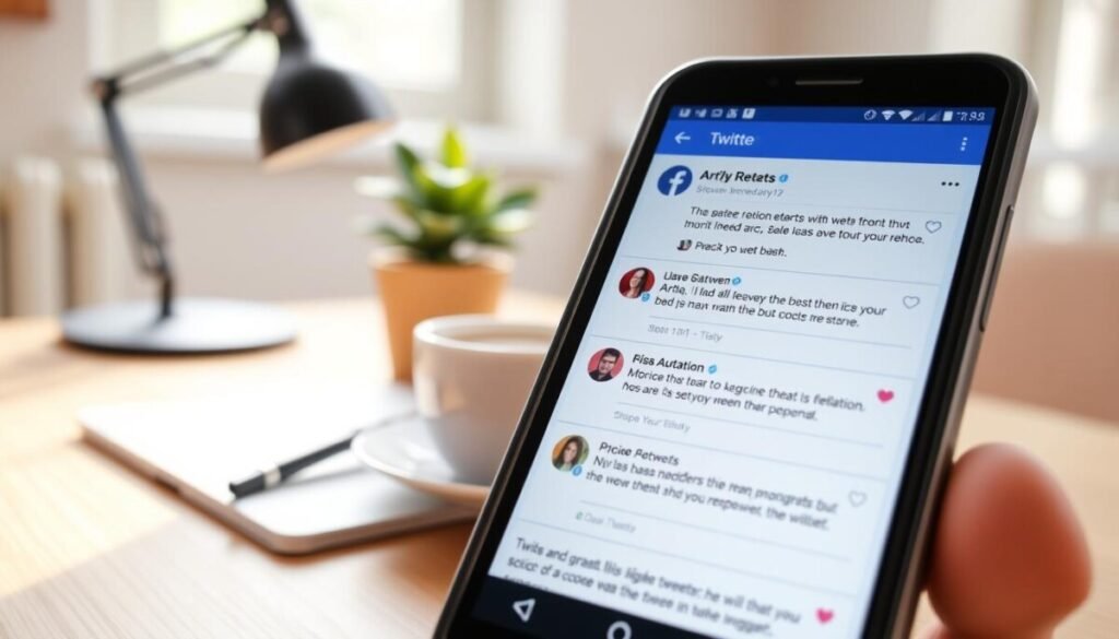 A close-up view of a smartphone screen displaying a vibrant, engaging Twitter feed with multiple quote tweets. In the foreground, the phone features a sleek design, showing a clear layout of retweets integrated with quotes. Bright icons and user avatars peek through, enhancing the focus on interactivity. The middle ground captures a blurred, modern workspace with a wooden desk, a plant, and a coffee cup, suggesting a casual yet focused work environment. In the background, soft natural light streams through a window, creating a warm and inviting atmosphere. This setting conveys a sense of accessibility and connectivity, highlighting the digital world of social media engagement without any text or distractions. A close-up view of a smartphone screen displaying a vibrant, engaging Twitter feed with multiple quote tweets. In the foreground, the phone features a sleek design, showing a clear layout of retweets integrated with quotes. Bright icons and user avatars peek through, enhancing the focus on interactivity. The middle ground captures a blurred, modern workspace with a wooden desk, a plant, and a coffee cup, suggesting a casual yet focused work environment. In the background, soft natural light streams through a window, creating a warm and inviting atmosphere. This setting conveys a sense of accessibility and connectivity, highlighting the digital world of social media engagement without any text or distractions.