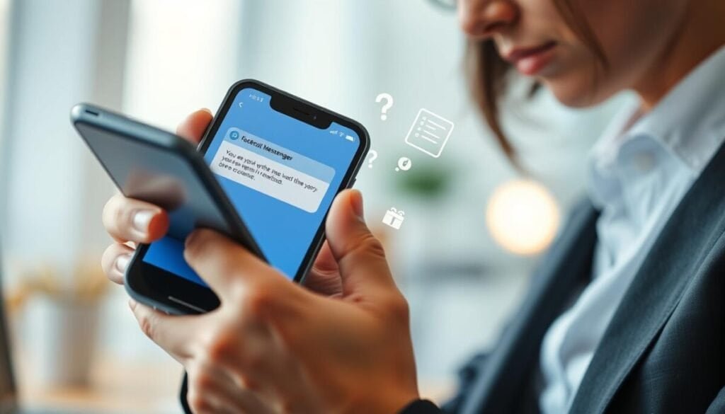 A close-up view of a smartphone screen displaying the Facebook Messenger app's interface, with a user attempting to share content but facing a visual representation of an error or obstacle. In the foreground, the smartphone is held by a person in professional business attire, showing a mix of frustration and determination on their face. In the middle, subtle graphic elements like question marks or icons representing common issues like connection or privacy settings appear around the smartphone. The background features soft, blurred office elements, creating a serene atmosphere, with warm lighting that suggests a productive work environment. The image captures the mood of problem-solving and determination, emphasizing the theme of troubleshooting.