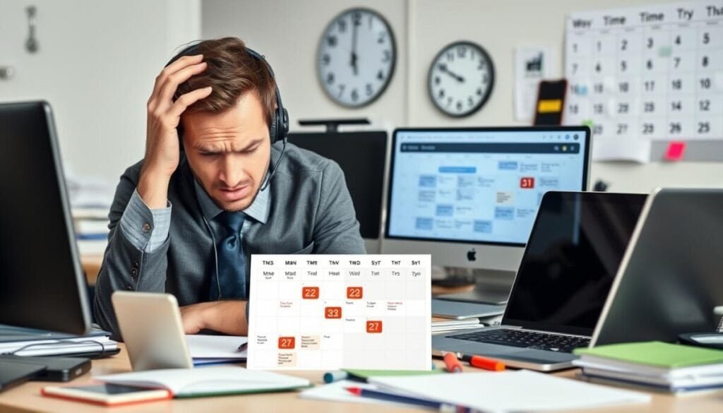 A cluttered office desk with multiple digital devices—smartphone, laptop, and tablet—displaying mismatched calendar entries in different colors, representing sync issues. In the foreground, an anxious professional in business attire, scratching their head in frustration, with furrowed brows and a headset on, actively trying to resolve the scheduling conflict. In the middle, a visual representation of a calendar with overlapping events, plus icons of syncing errors, depicted in a chaotic manner. The background shows blurred office elements like a clock indicating different times and a wall calendar with various time zone labels. Soft diffused lighting creates a tense atmosphere, highlighting the urgency of resolving these scheduling conflicts while maintaining a professional tone.