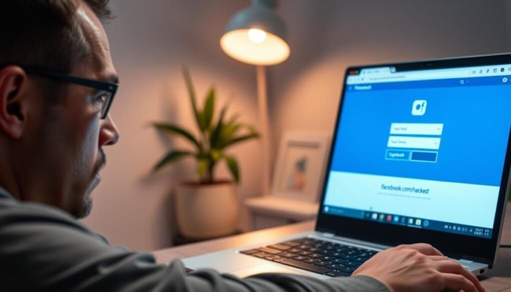 A concerned individual sitting at a desk, focused on a laptop screen showing the Facebook login page. The foreground captures their expression of anxiety, with slightly furrowed brows and a tense posture. In the middle ground, the laptop displays a bright, clearly visible browser window with the Instagram logo and an open tab for facebook.com/hacked. The background features a cozy, minimalist home office with a soft green plant and a gentle light source from a nearby lamp casting a warm glow, creating a sense of urgency yet hope. The scene is photographed from a medium angle, ensuring clarity on the facial expression and the laptop screen. The atmosphere is tense yet resolute, reflecting the importance of account recovery.