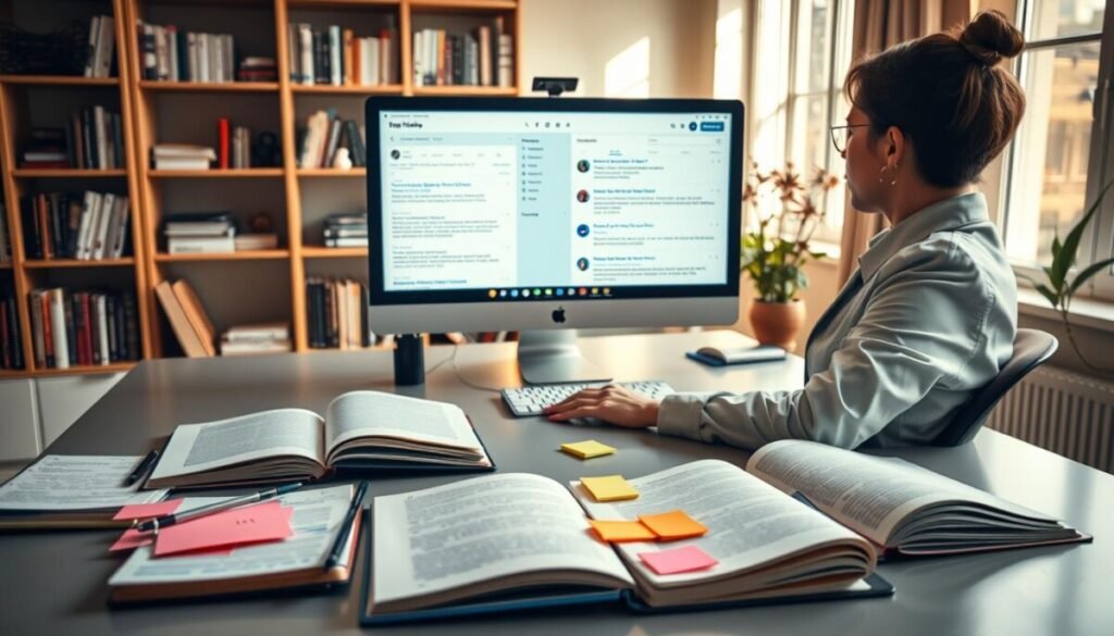 A cozy home office scene focusing on a person in professional business attire sitting at a sleek desk, actively scheduling long social media posts on a computer. In the foreground, open notebooks and color-coded sticky notes are scattered, symbolizing organization. In the middle, the computer screen displays a user-friendly scheduling tool interface with a calendar and long tweet drafts, illuminated by soft, warm lighting. The background features a bookshelf filled with books on social media strategies and a potted plant, enhancing the productive atmosphere. The scene conveys a sense of focus and creativity, accentuated by a gentle afternoon light filtering through the window, casting subtle shadows. The overall mood is inspiring and professional, perfect for illustrating effective workflows. A cozy home office scene focusing on a person in professional business attire sitting at a sleek desk, actively scheduling long social media posts on a computer. In the foreground, open notebooks and color-coded sticky notes are scattered, symbolizing organization. In the middle, the computer screen displays a user-friendly scheduling tool interface with a calendar and long tweet drafts, illuminated by soft, warm lighting. The background features a bookshelf filled with books on social media strategies and a potted plant, enhancing the productive atmosphere. The scene conveys a sense of focus and creativity, accentuated by a gentle afternoon light filtering through the window, casting subtle shadows. The overall mood is inspiring and professional, perfect for illustrating effective workflows.