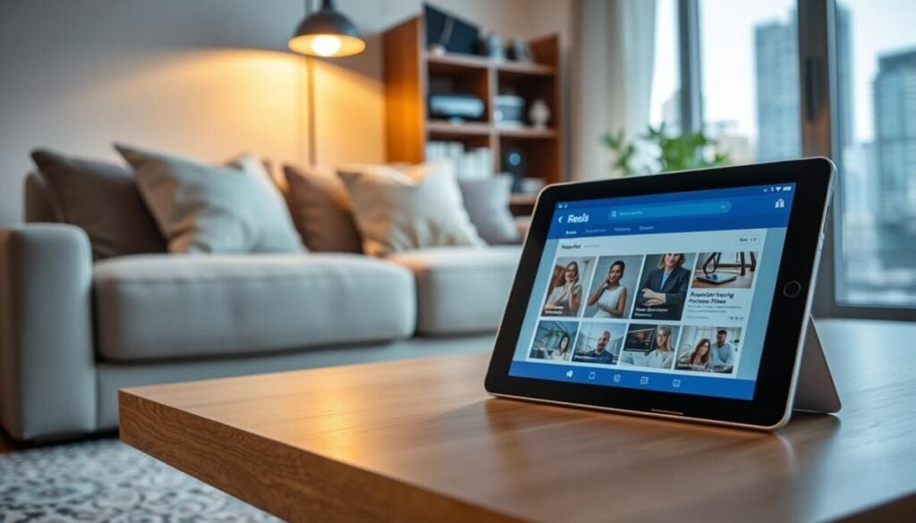 A cozy, modern living room setting showcasing a tablet on a stylish coffee table displaying Facebook Reels. In the foreground, the tablet is angled towards the viewer, illuminated by soft, warm natural light filtering through a nearby window. In the middle ground, a comfortable sofa with neutral tones and a few decorative pillows invites relaxation. Behind the sofa, a bookshelf filled with various tech gadgets and a potted plant add a touch of greenery. The background features a subtle city view through the window, hinting at a bustling urban environment. The overall atmosphere is calm and inviting, encouraging troubleshooting and device settings adjustments, while emphasizing accessibility and modern technology.