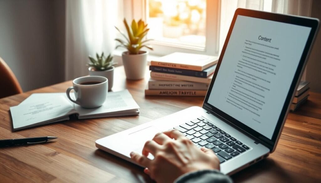 A cozy, modern workspace featuring a sleek wooden desk with an open laptop displaying a blank document ready for content creation. In the foreground, a hand typing on the keyboard, with notes and a cup of coffee beside it. The middle layer includes a potted plant and a stack of books about writing and productivity. The background reveals a softly blurred window with natural light streaming in, illuminating the scene. The atmosphere is warm and inviting, conveying a sense of focus and motivation. Use a close-up angle to emphasize the hand and keyboard, with a soft depth of field. The overall mood is inspirational, perfect for showcasing the art of composing engaging content.