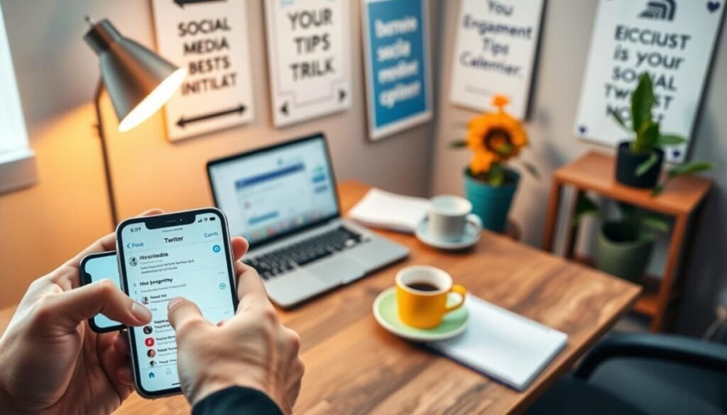 A cozy, well-lit workspace for social media management features a modern iPhone displaying the Twitter app's scheduling interface. In the foreground, professional business attire-clad hands hover over the phone, ready to tap the screen. In the middle, a stylish wooden desk is adorned with a laptop open to a calendar tool, a notepad filled with engagement tips, and a colorful mug of coffee. The background shows a shelf with motivational posters about social media best practices and a vibrant plant adding a touch of nature. Soft, warm lighting enhances the atmosphere, creating a focused and productive environment. The angle is slightly elevated, providing a clear view of the scheduled tweet on the iPhone, emphasizing the theme of boosting engagement effectively.