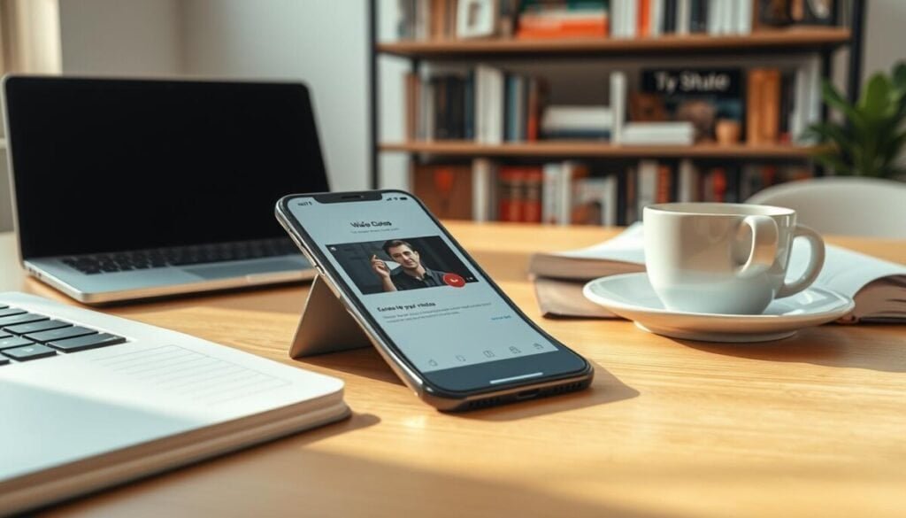 A cozy workspace scene depicting an iPhone on a wooden desk, surrounded by a stylish laptop, an open notebook, and a cup of coffee. The iPhone screen prominently displays a video download interface, illustrating the process of saving videos. Soft, natural light streams in from a nearby window, casting gentle shadows and creating a warm atmosphere. In the background, a bookshelf filled with tech magazines and motivational books reflects a sense of productivity. The composition balances foreground focus on the device while maintaining a clear sense of space. The mood is inviting and inspiring, ideal for someone eager to learn about video downloading techniques on their iPhone.